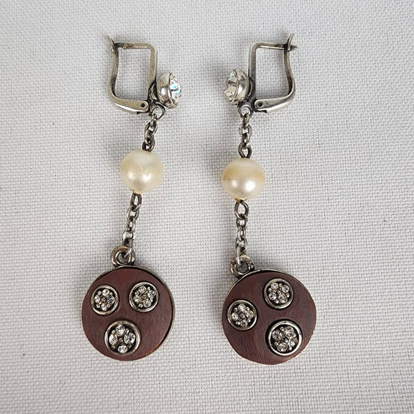 Wood & Faux Pearl Drop Earrings - Picture 1 of 4